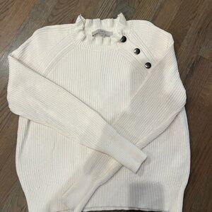 LOFT Cream Ruffle Neck Sweater with Button Detail